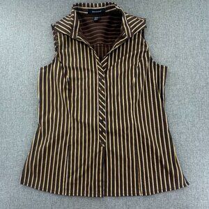 Ashley Stewart Button Down Top Striped Collared 16W‎ Brown Yellow Cotton Blend